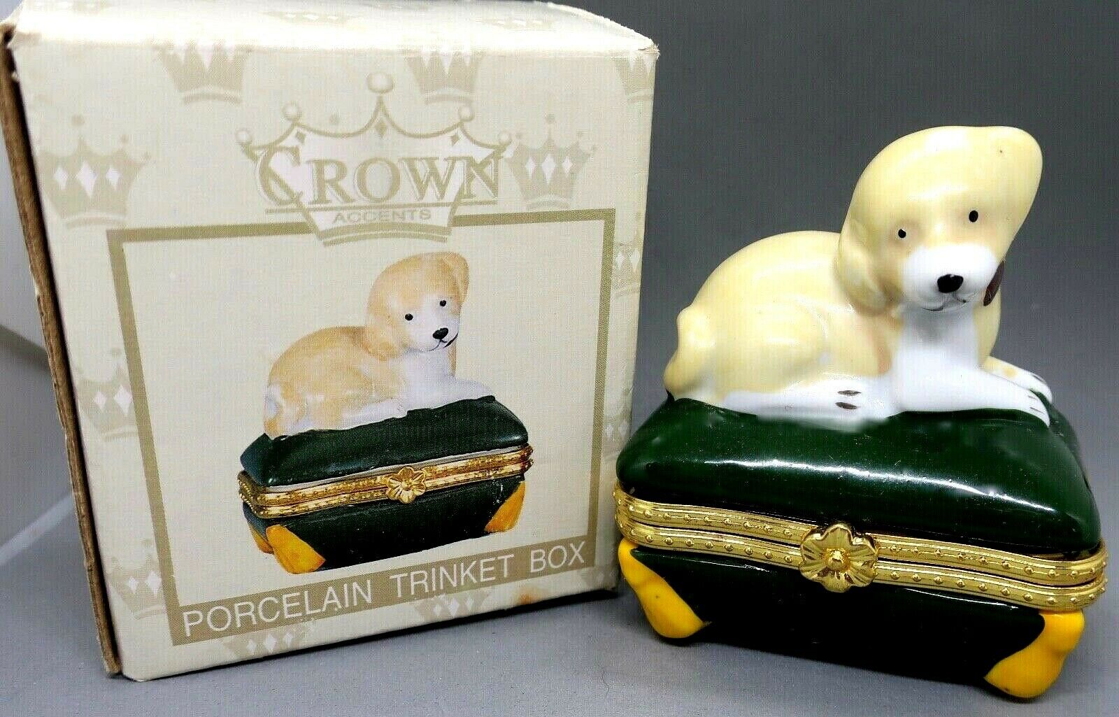 Beige & White Porcelain Dog On Green Pillow Trinket Box By Crown Accents In Box