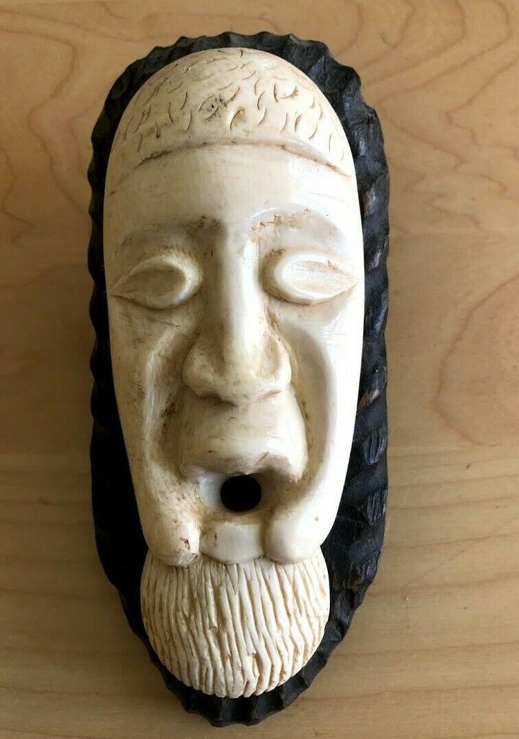 Antique Stone Hand Carved Chinese Face Figurine On Wood Wall Hanging