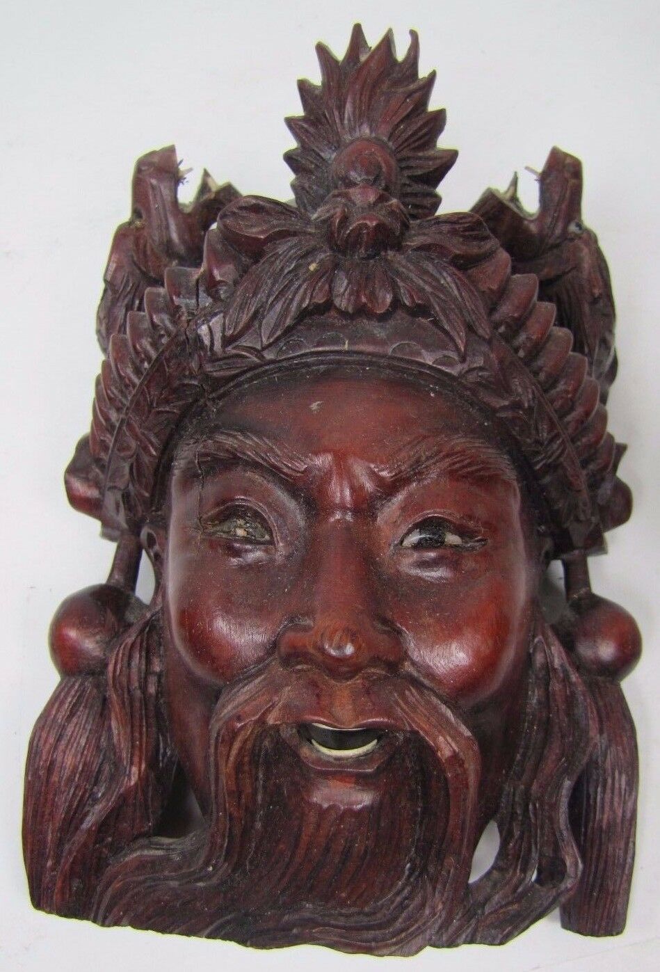 Old Carved Asian Dark Wood Man Exquisite Detailing Eyes Teeth Devil Dogs 8a