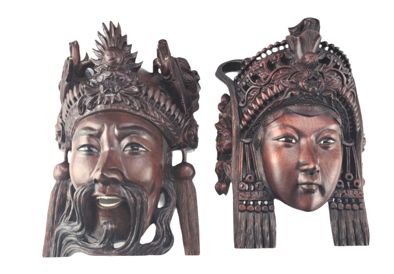 Chinese Hand Carved Wood Masks Of Daoist Deities Warrior Empress Emperor Pair